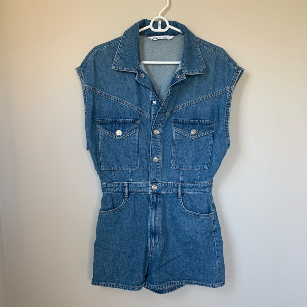 Zara blue denim romper m